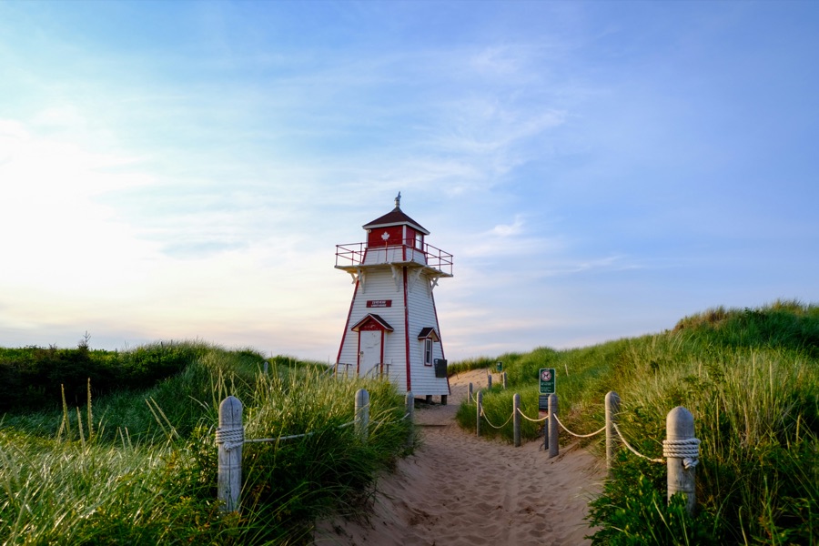 A lighthouse on the sand dunes of Prince Edward Island, Canada